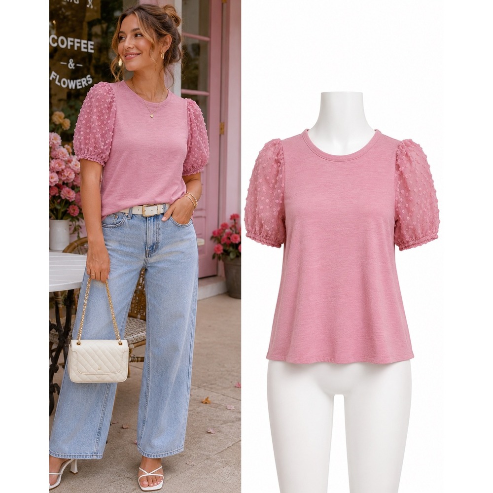 Maeve Puff Sleeve Top Women XL Pink Excellent Swiss Dot Sheer Sleeve Knit Tee